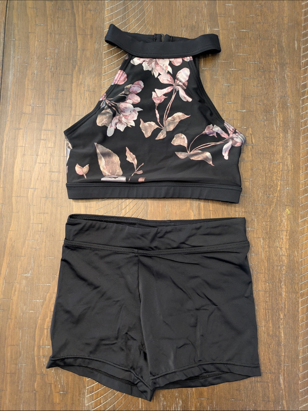 Balera Black Floral High-Neck Crop Top and Black Dance Shorts Size MC